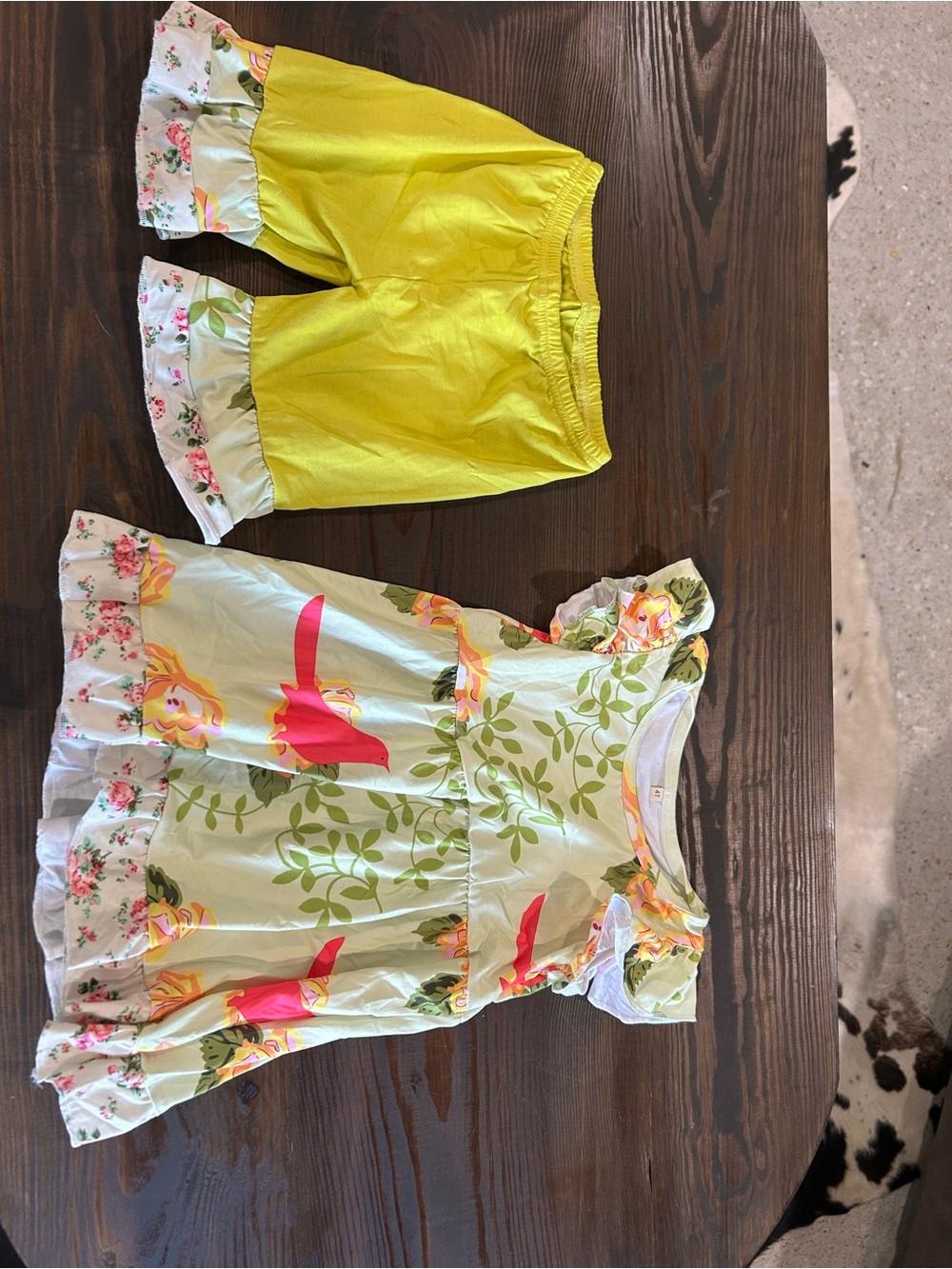 Girls Floral & Flamingo Dress with Yellow Ruffle Shorts